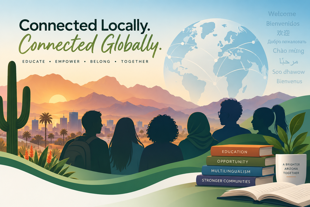 Silhouettes of educators overlooking an Arizona desert landscape, with a connected globe representing AZTESOL’s local community and global connections.