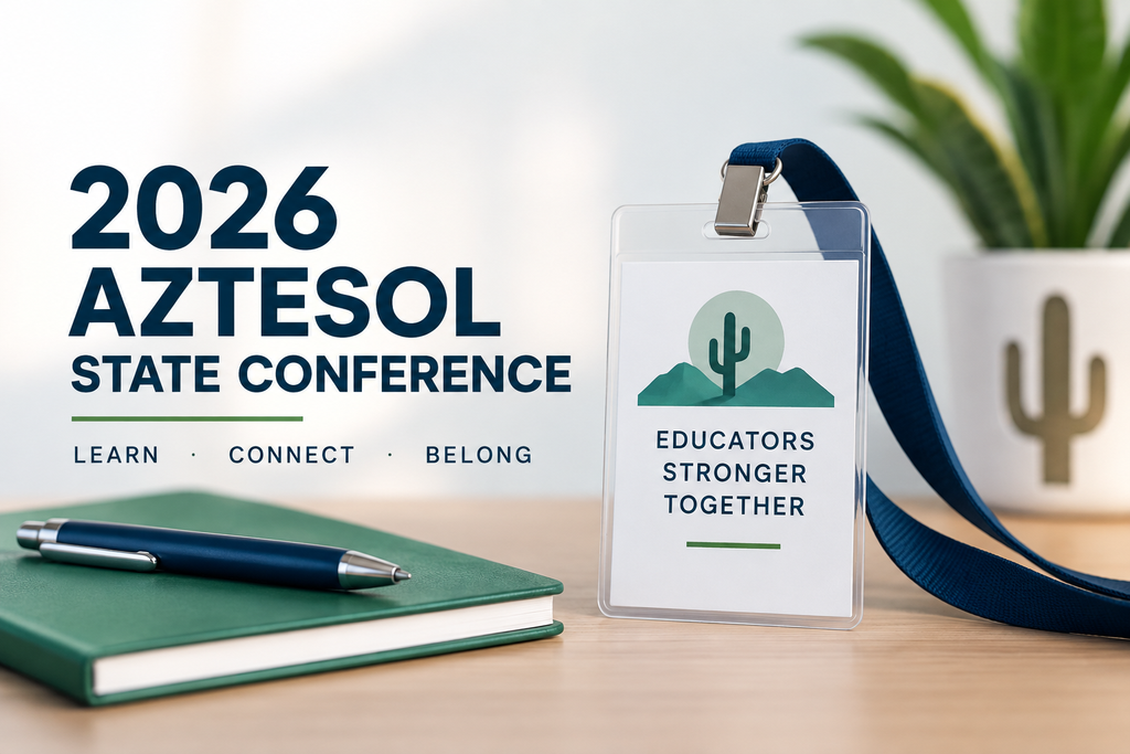 AZTESOL State Conference registration badge with Arizona desert imagery, a notebook, and pen representing professional learning and connection.