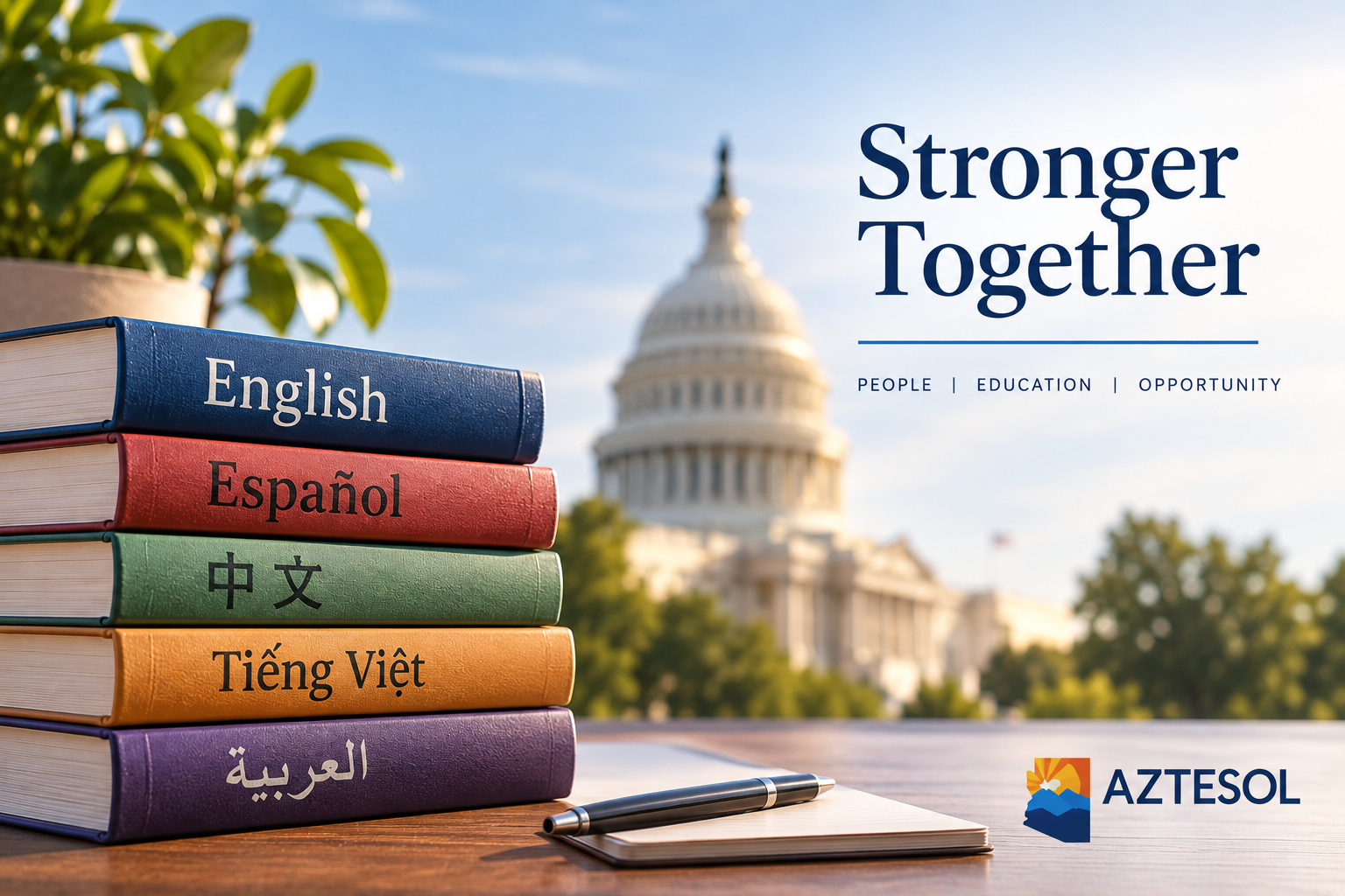 Multilingual books and a notebook with the U.S. Capitol in the background, representing language diversity, education, and advocacy.
