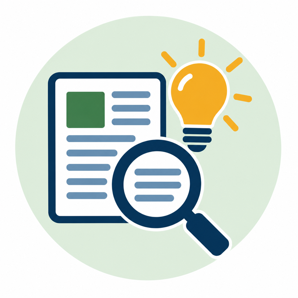 Document, magnifying glass, and lightbulb icon representing research, analysis, and understanding advocacy issues.