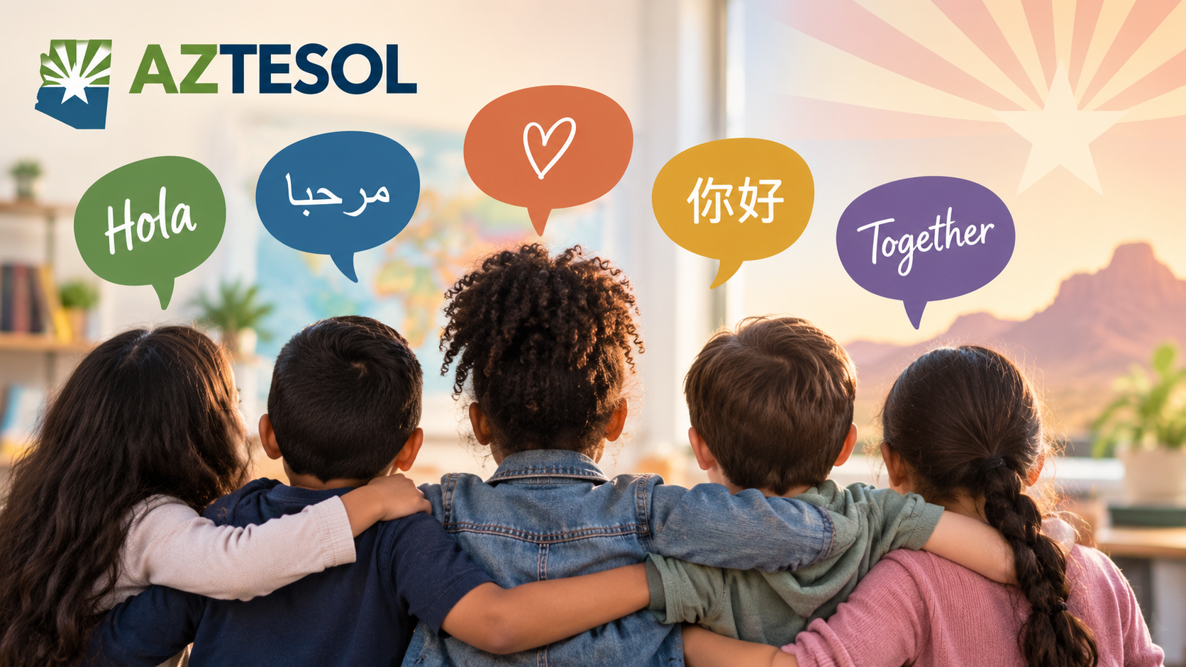 Diverse students with their arms around one another in a classroom, surrounded by speech bubbles representing multiple languages and belonging.