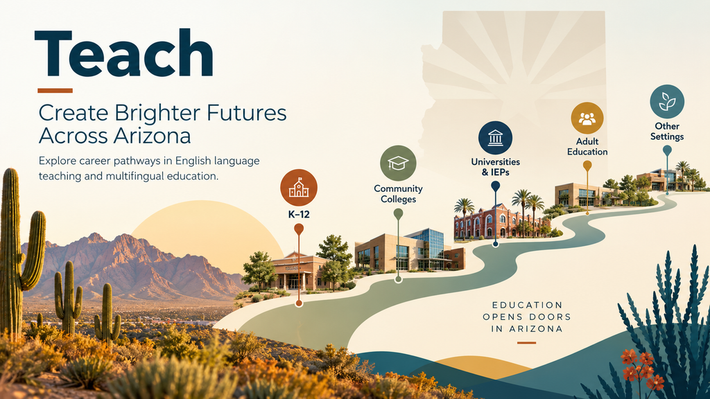 Arizona desert landscape illustrating career pathways in multilingual education, including K–12 schools, community colleges, universities and IEPs, adult education, and other teaching settings.